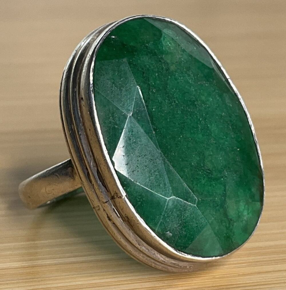 Vintage Large Green Gemstone Sterling Silver Statement Dramatic Ring Size 8